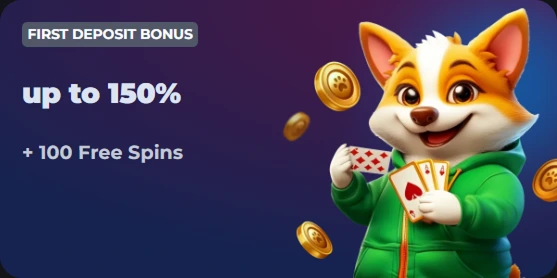 First deposit bonus 150% + 100 spins with corgi mascot