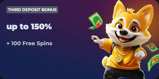 Third deposit bonus 150% + 100 spins gold chain corgi