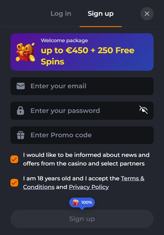 Signup form with welcome bonus up to €450 and 250 free spins