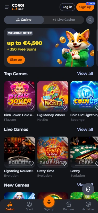 Corgibet mobile home screen with welcome bonus and games