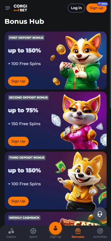 Corgibet bonus hub screen with multiple deposit offers