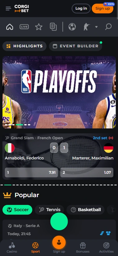 Corgibet sports betting screen with NBA playoffs and odds